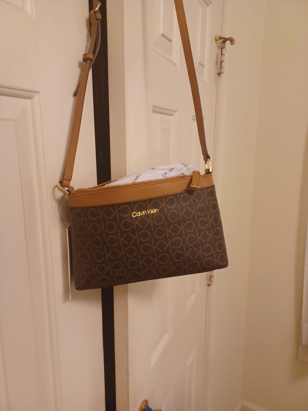 Calvin Klein Brown Logo Crossbody with Tan Strap